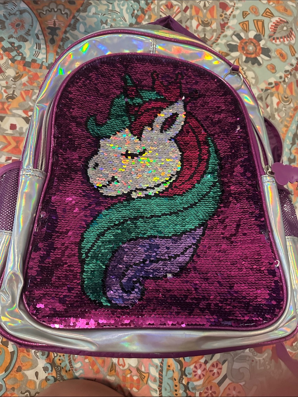 Kids Sequin Unicorn Backpack - Purple & silver
